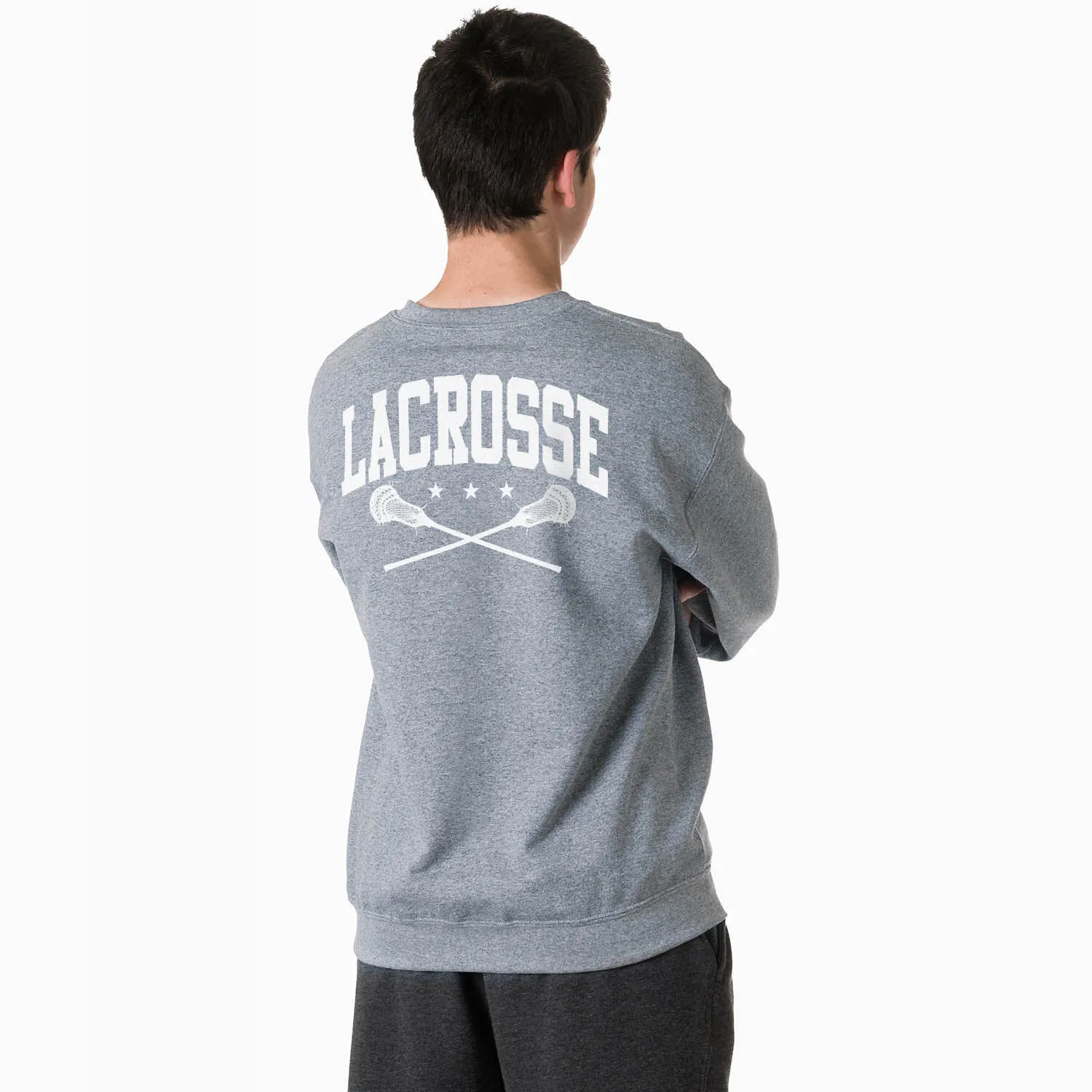 Guys Lacrosse Crewneck Sweatshirt - Lacrosse Crossed Sticks (Back Design) 